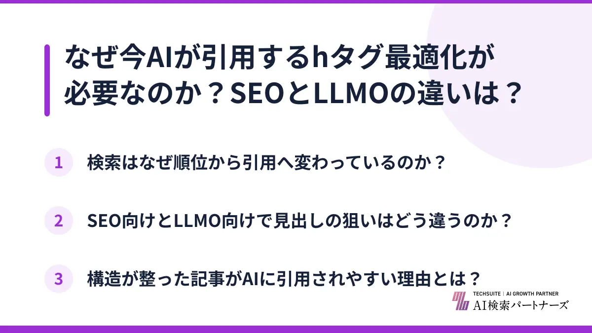 なぜ今AIが引用するhタグ最適化が必要なのか?SEOとLLMOの違いは?