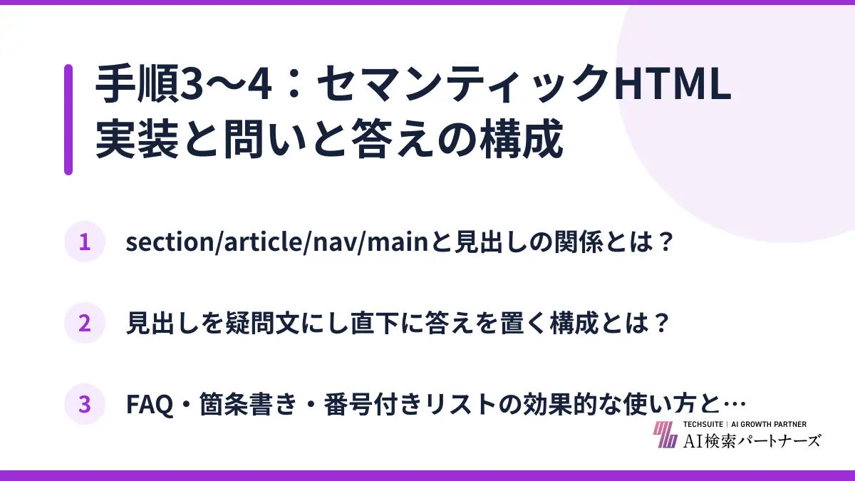 手順3〜4：セマンティックHTML実装と問いと答えの構成