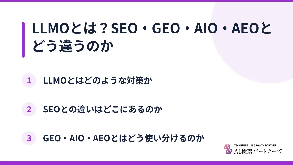 LLMOとは？SEO・GEO・AIO・AEOとどう違うのか