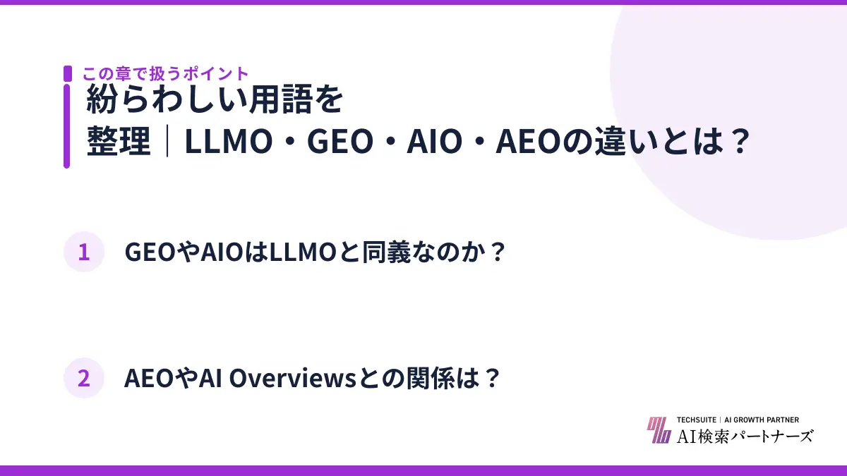 紛らわしい用語を整理|LLMO・GEO・AIO・AEOの違いとは?