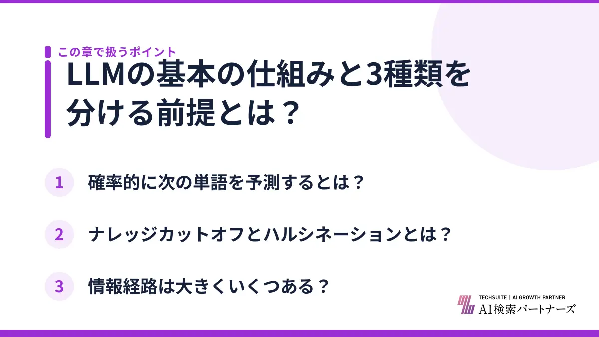 LLMの基本の仕組みと3種類を分ける前提とは？