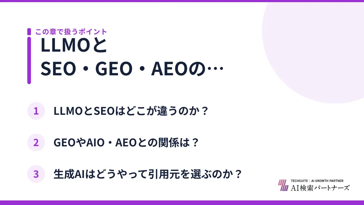 LLMOとSEO・GEO・AEOの違いとは？