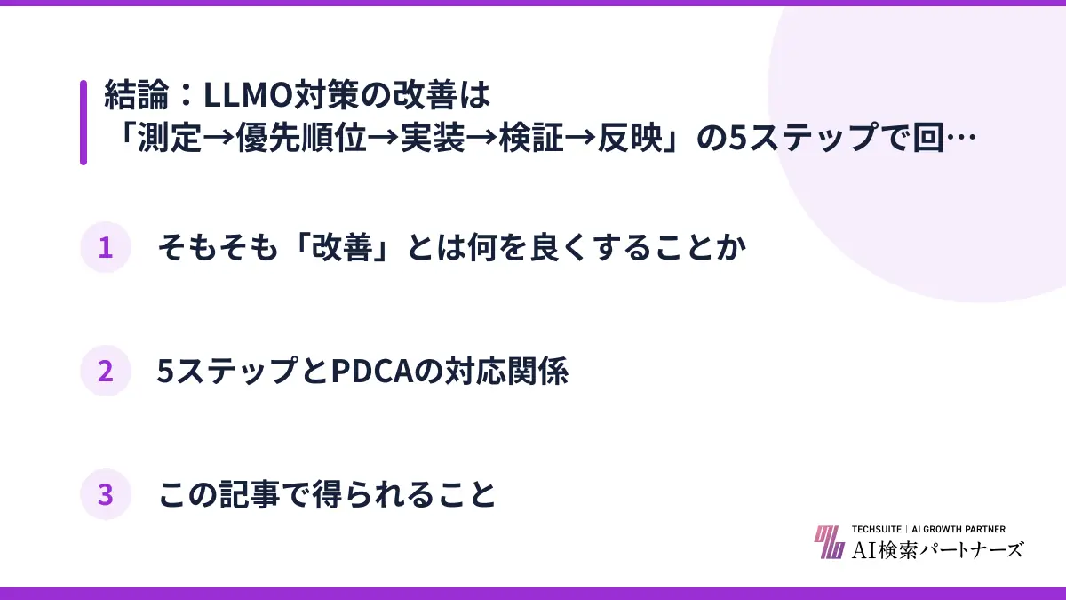 結論：LLMO対策の改善は「測定→優先順位→実装→検証→反映」の5ステップで回す