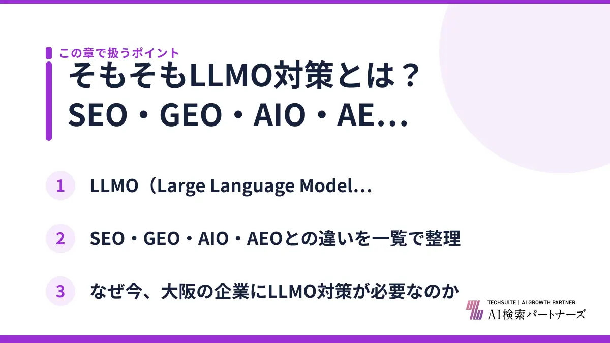 そもそもLLMO対策とは？SEO・GEO・AIO・AEOとの違い
