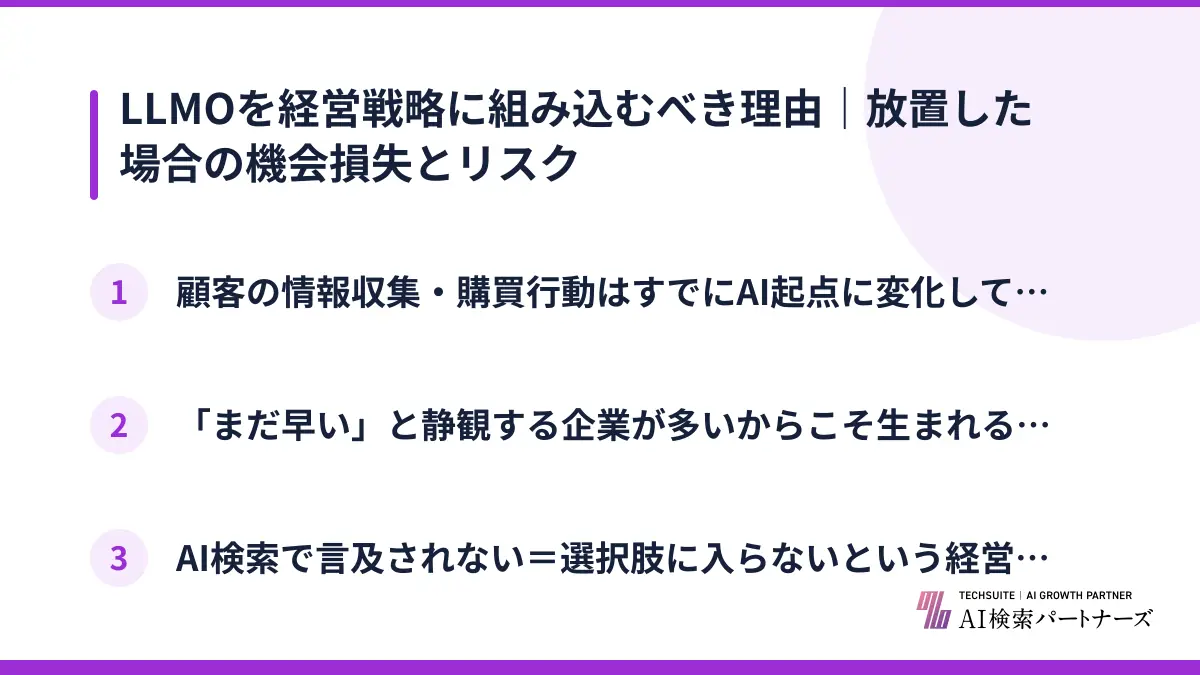 LLMOを経営戦略に組み込むべき理由|放置した場合の機会損失とリスク
