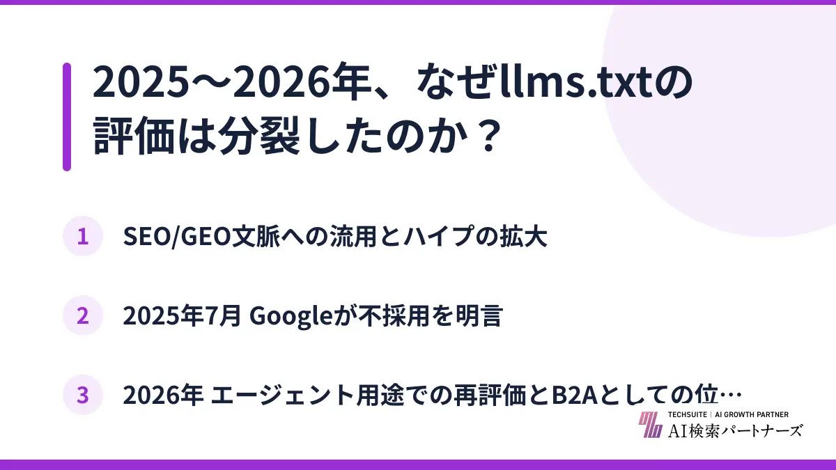 2025〜2026年、なぜllms.txtの評価は分裂したのか？