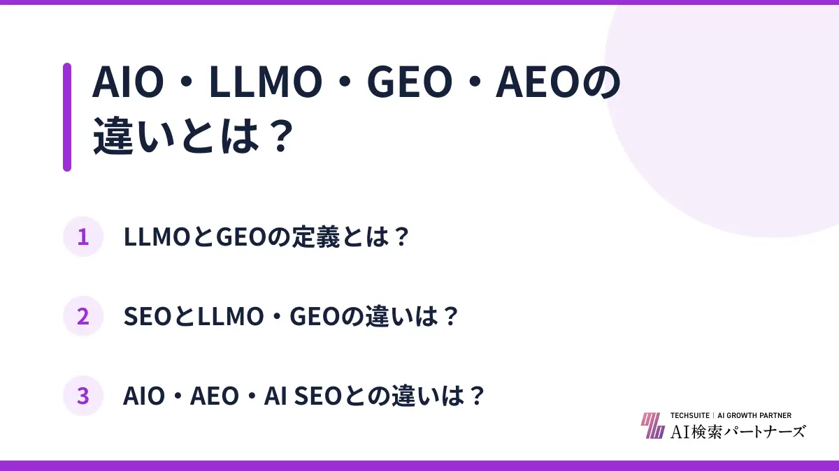 AIO・LLMO・GEO・AEOの違いとは?