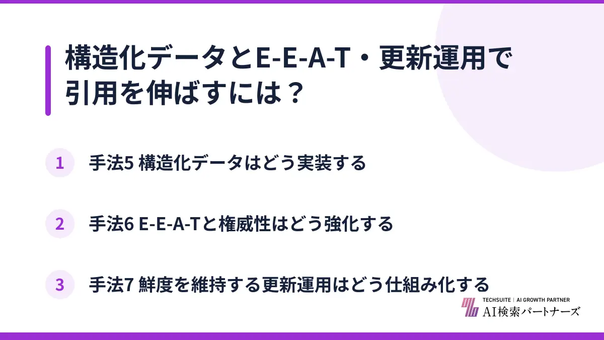 構造化データとE-E-A-T・更新運用で引用を伸ばすには？