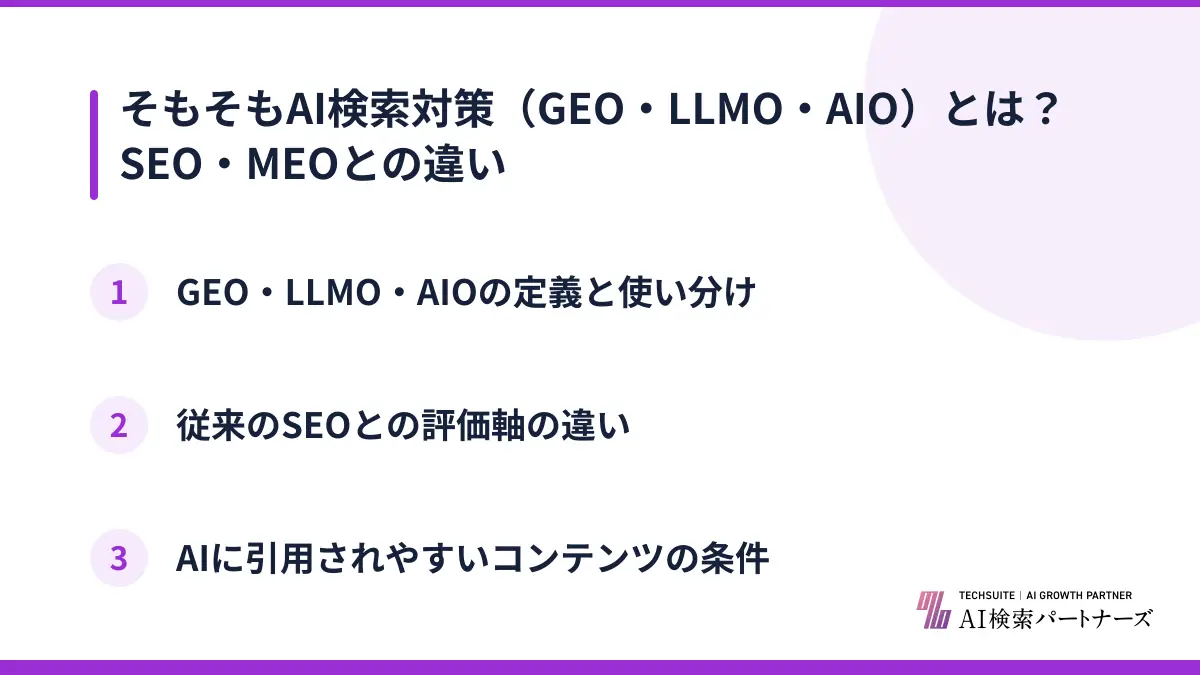 そもそもAI検索対策（GEO・LLMO・AIO）とは？SEO・MEOとの違い