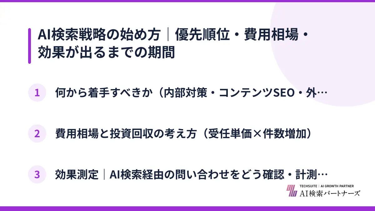 AI検索戦略の始め方｜優先順位・費用相場・効果が出るまでの期間