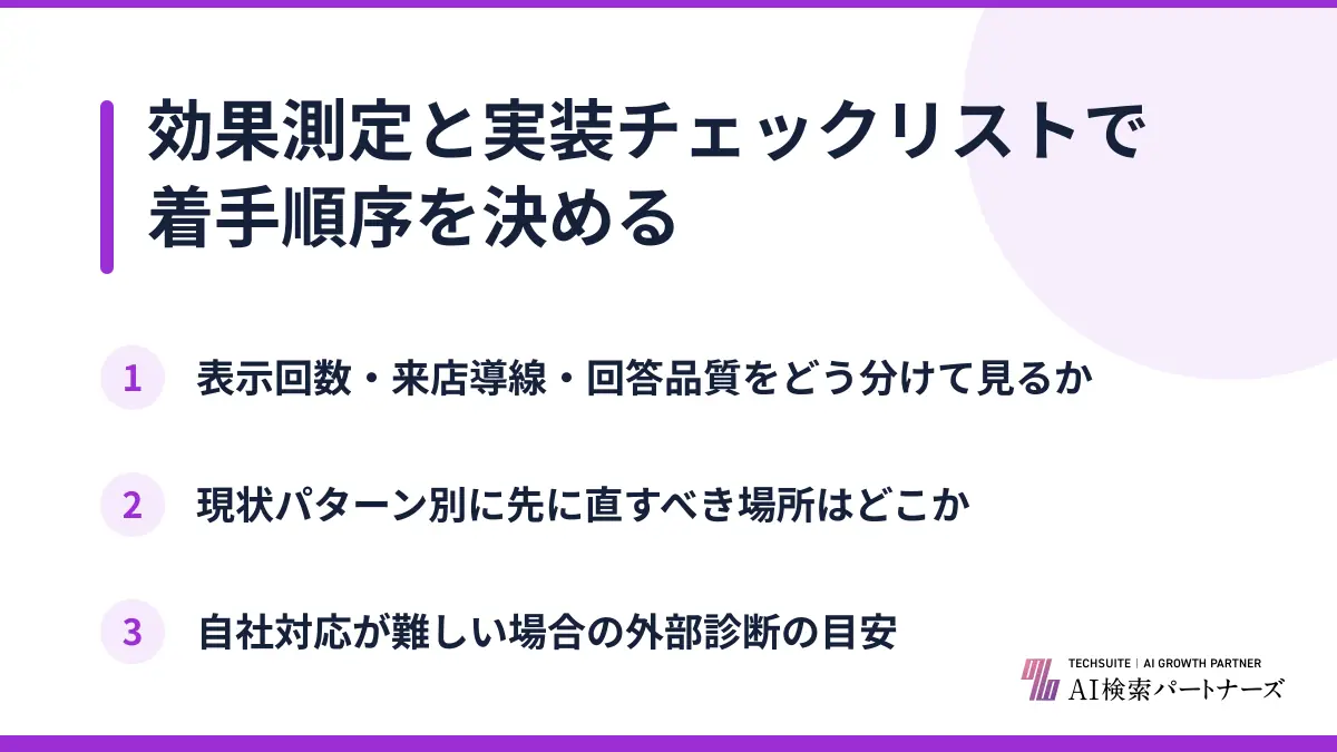 効果測定と実装チェックリストで着手順序を決める