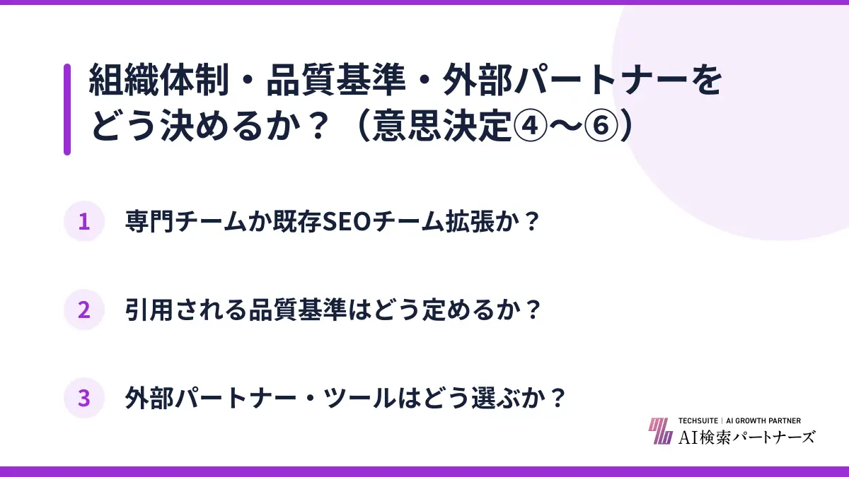 組織体制・品質基準・外部パートナーをどう決めるか？（意思決定④〜⑥）