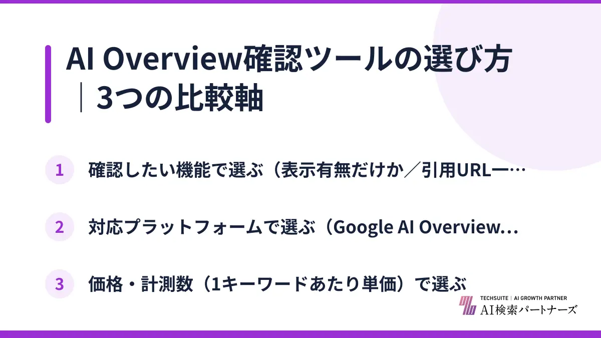AI Overview確認ツールの選び方｜3つの比較軸