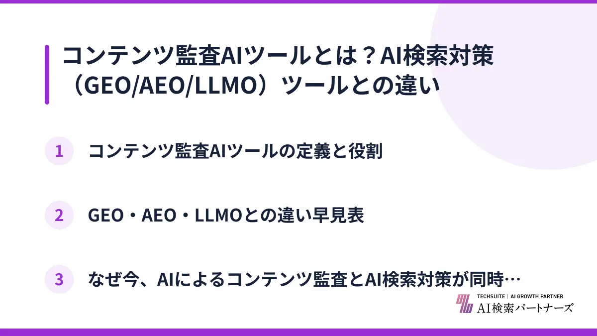 コンテンツ監査AIツールとは?AI検索対策(GEO/AEO/LLMO)ツールとの違い