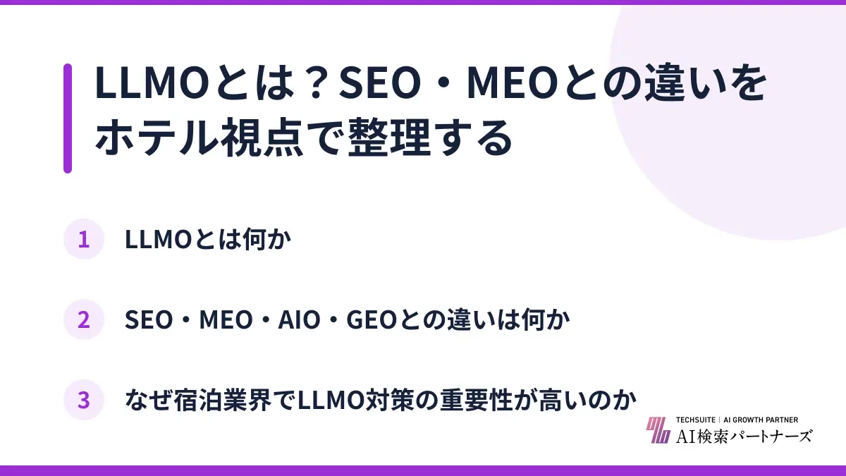 LLMOとは？SEO・MEOとの違いをホテル視点で整理する
