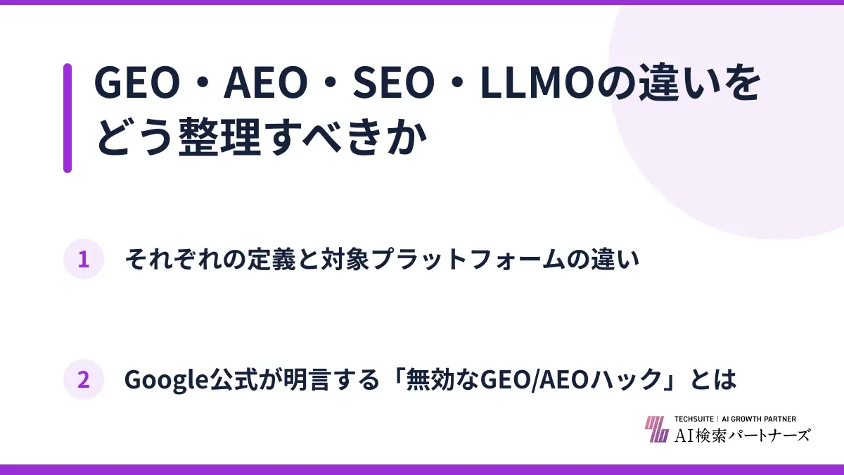 GEO・AEO・SEO・LLMOの違いをどう整理すべきか