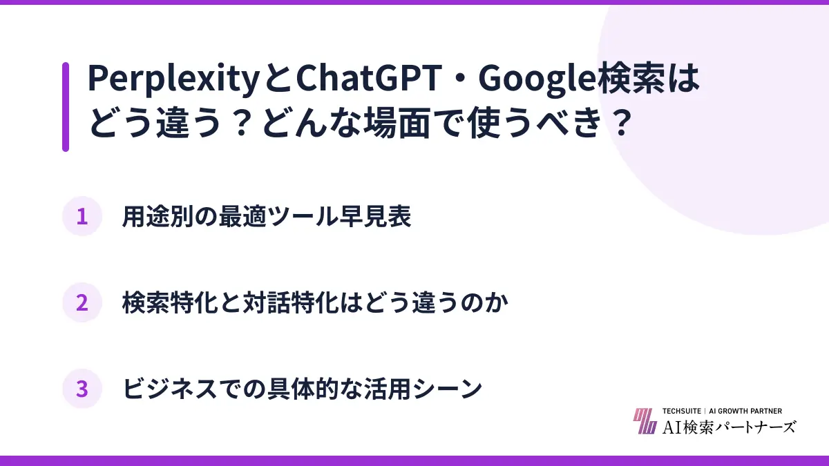 PerplexityとChatGPT・Google検索はどう違う？どんな場面で使うべき？