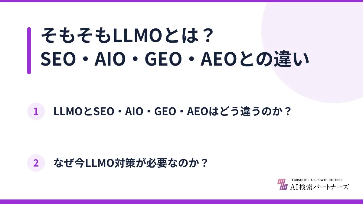 そもそもLLMOとは？SEO・AIO・GEO・AEOとの違い